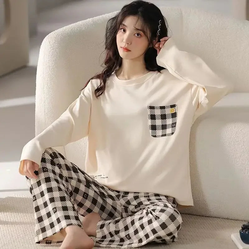 Women's Cartoon Print Pajama Set For Spring And Autumn