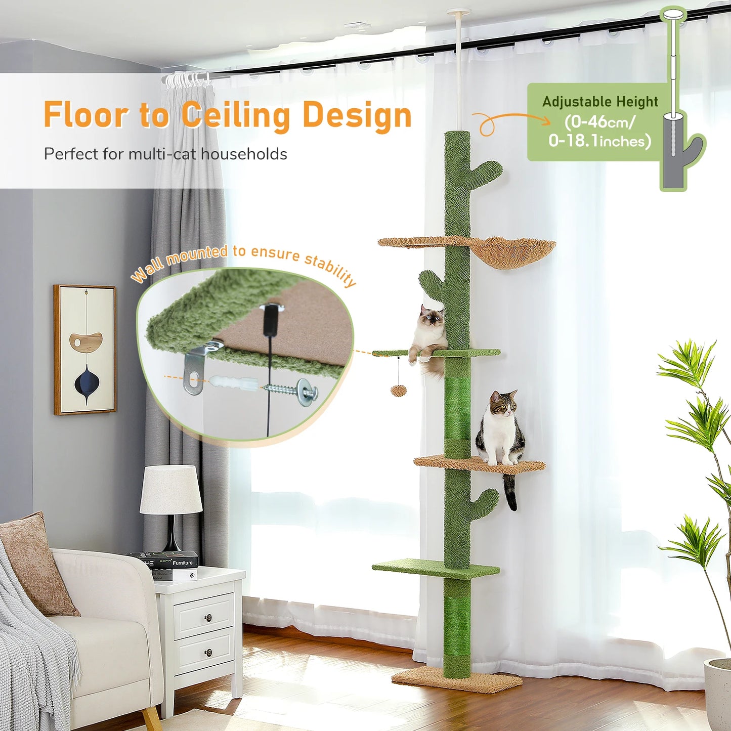PAWZ Road Cat Tree Floor To Ceiling Climbing Tower With Scratching Post Hammock