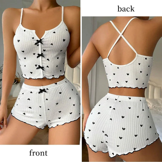 Women Summer Knit Ribbed Crop Top And Shorts Pajama Set