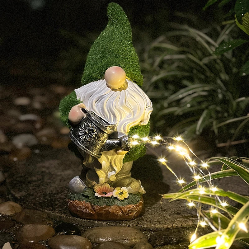Solar Garden Gnome Watering Can Statue Light Outdoor Decor