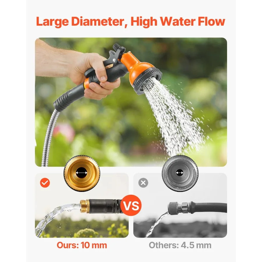 Stainless Steel Garden Hose With 10 Function Spray Nozzle Lightweight