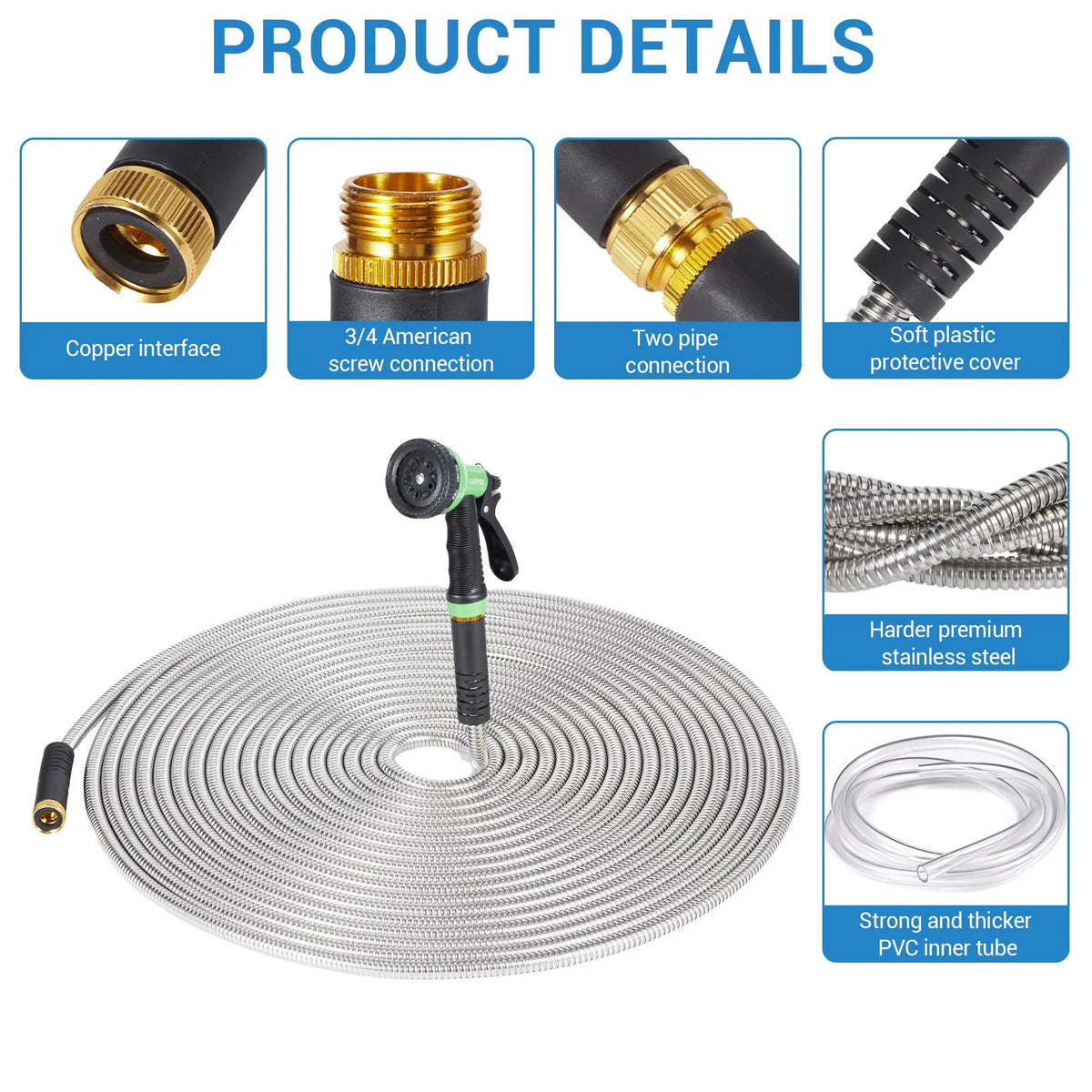 HiMiss Stainless Steel Garden Hose With Brass Connectors