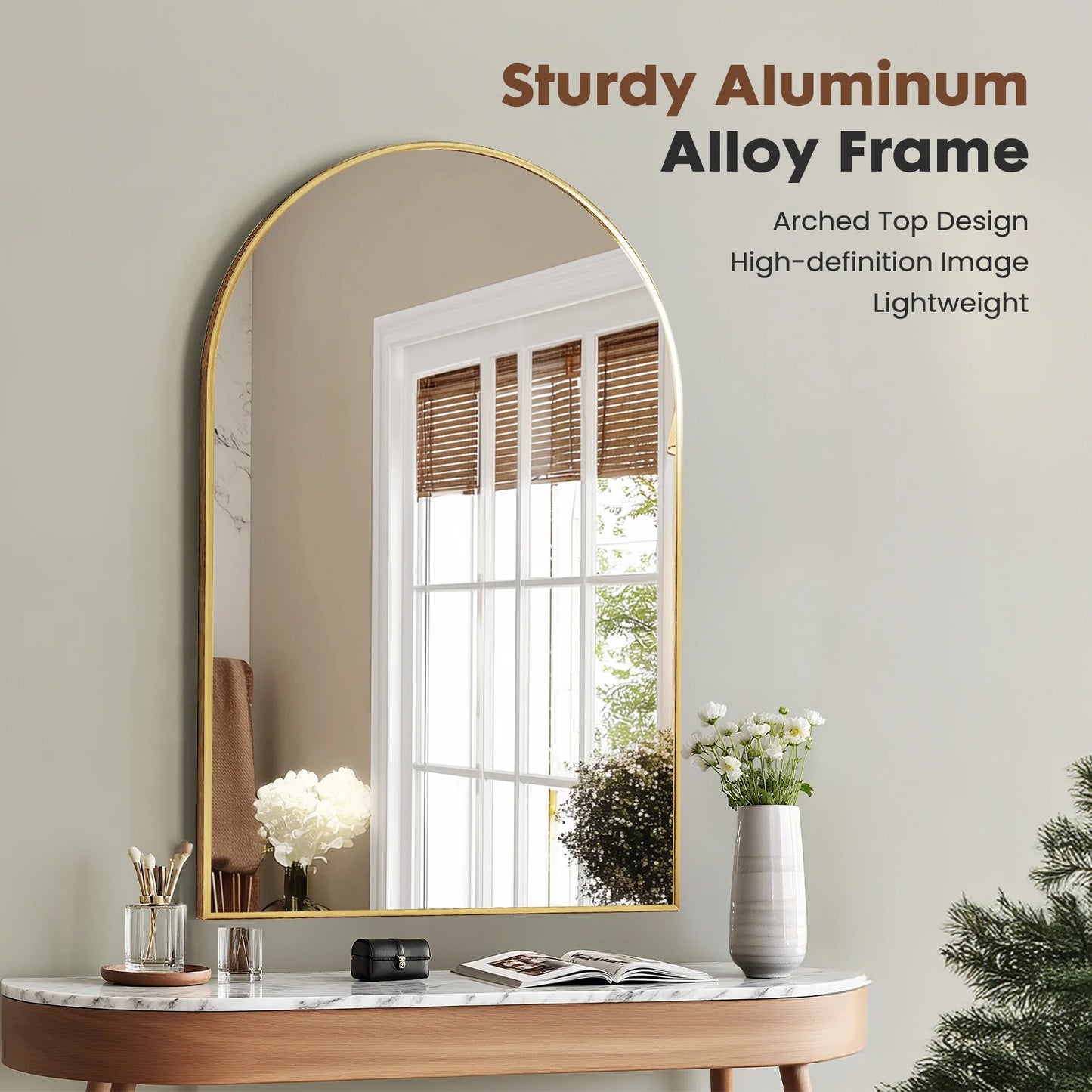 JHK Arched Metal Framed Bathroom Mirror For Wall Modern Decor