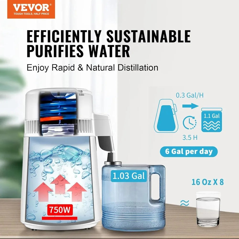 750W Water Distiller, 1.1 Gal Countertop Machine with Auto-Shutdown, BPA-Free Container for Pure Home Use
