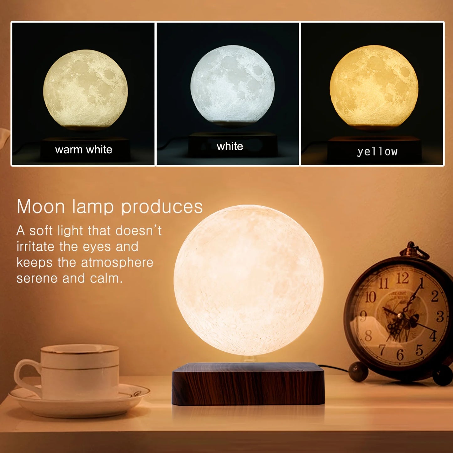 Mexllex Magnetic Floating Moon Lamp With Wooden Base And 3 Color Led Night Light
