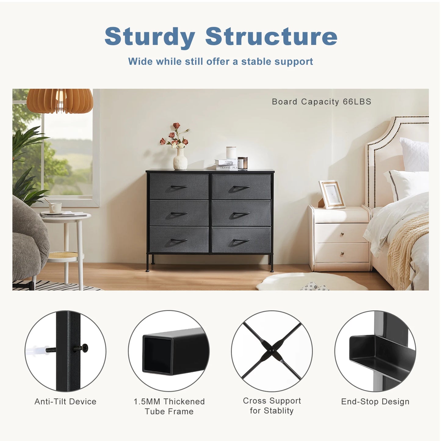 JHK Six Drawer Nightstand With Fabric Storage Chest Bedroom Furniture