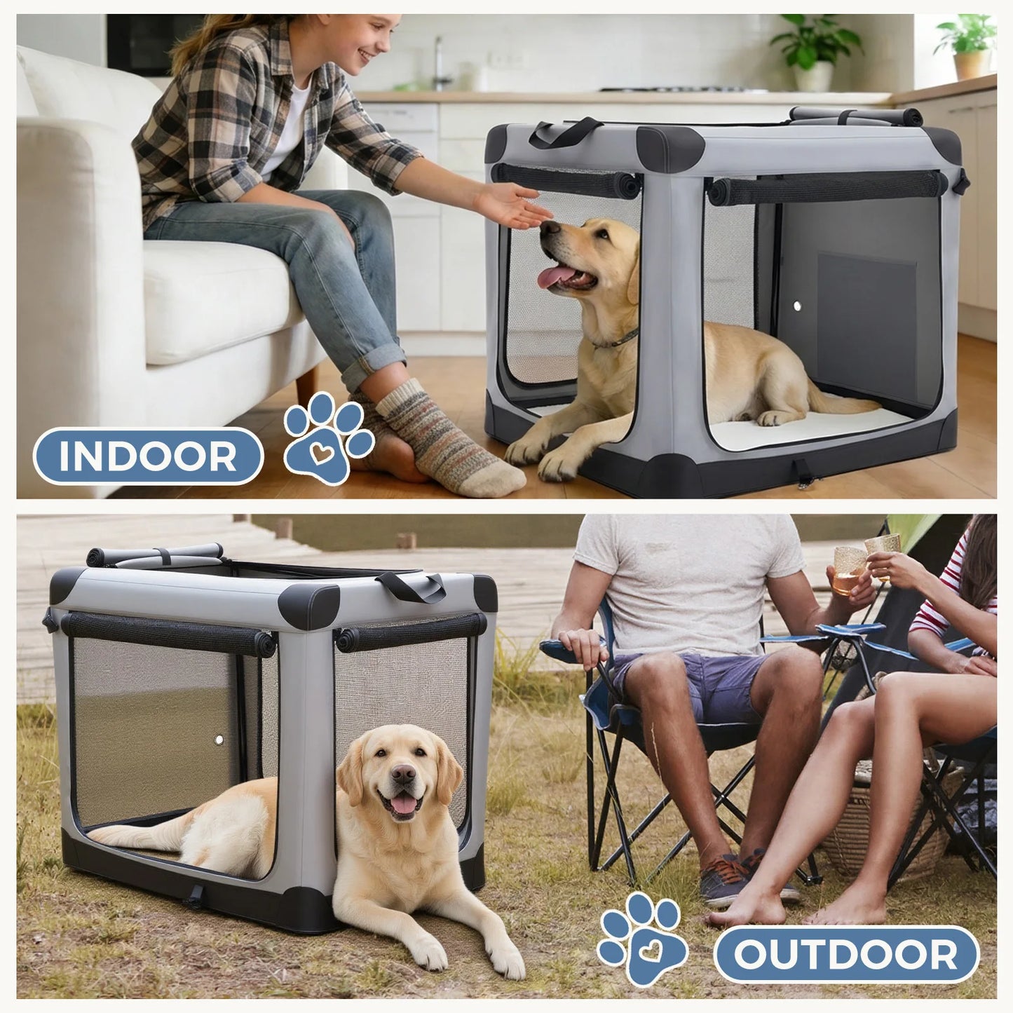 JHK Foldable Soft Dog Crate Portable Kennel With Three Doors