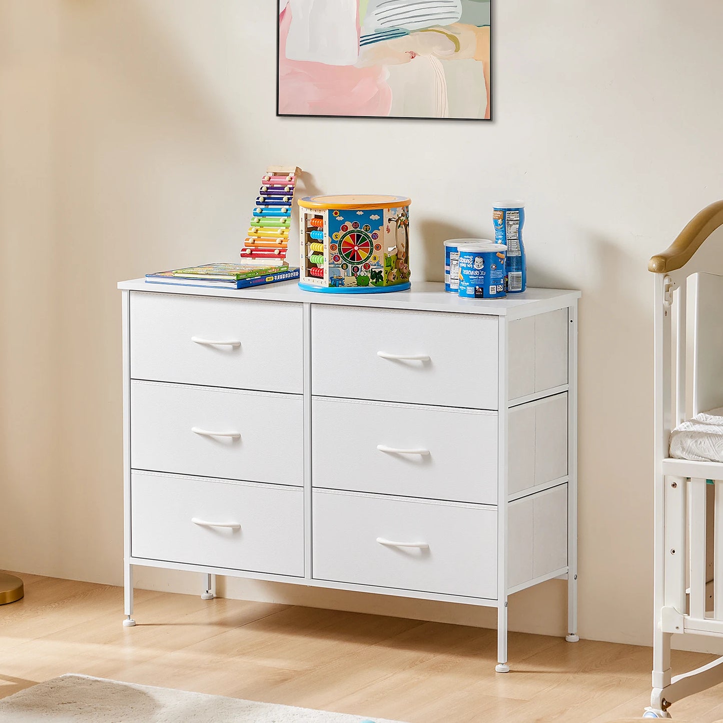 JHK Six Drawer Nightstand With Fabric Storage Chest Bedroom Furniture