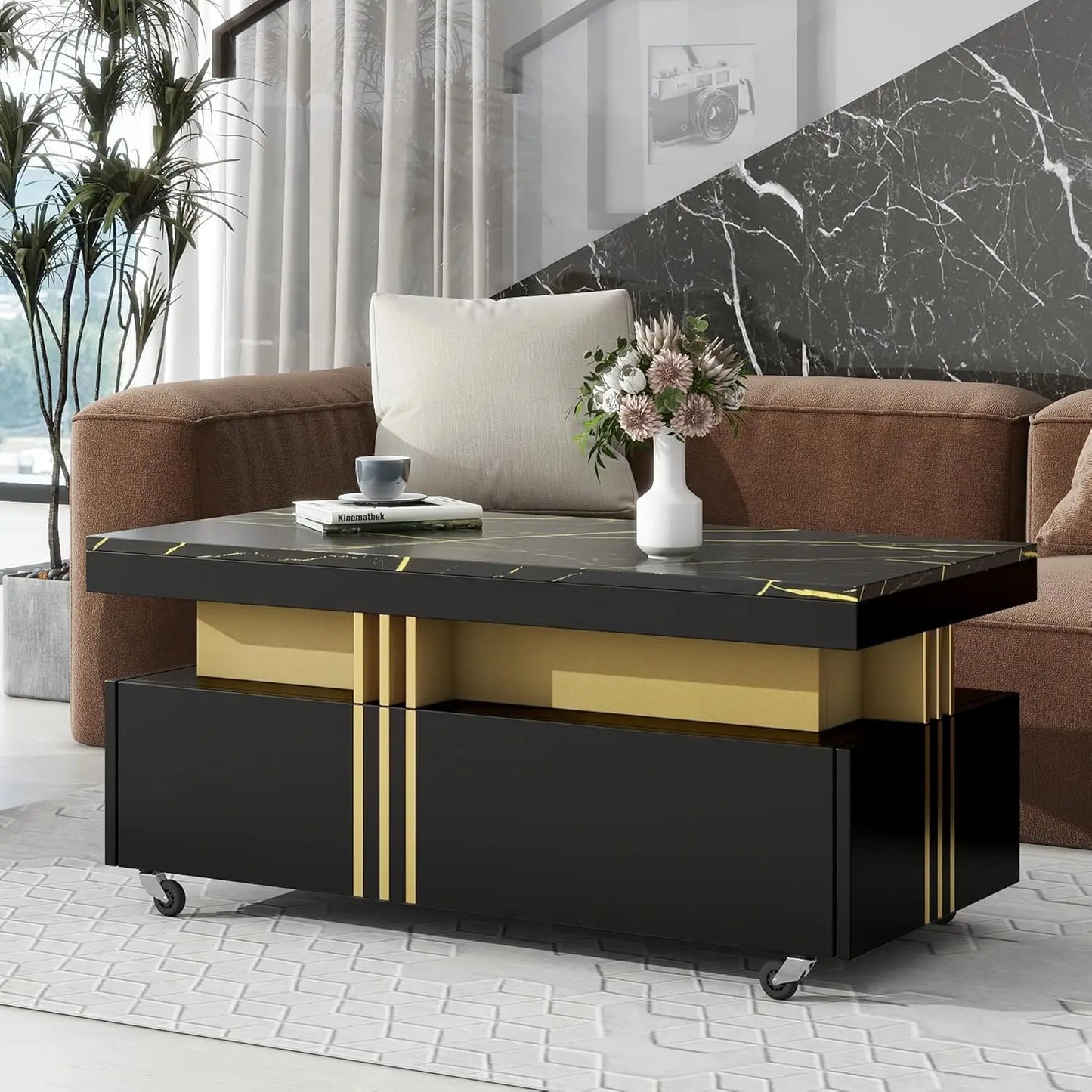 Modern Minimalist Coffee Table With Faux Marble Top