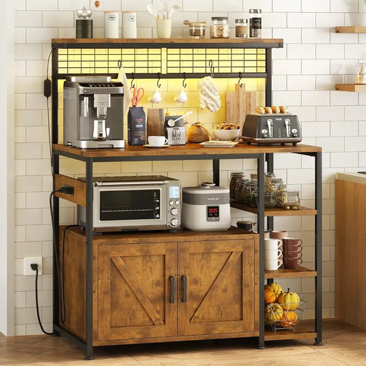 Bakers Rack with Power Outlet and LED Light, Microwave Stand with Storage Cabinet, Coffee Bar Cabinet Station, Customized