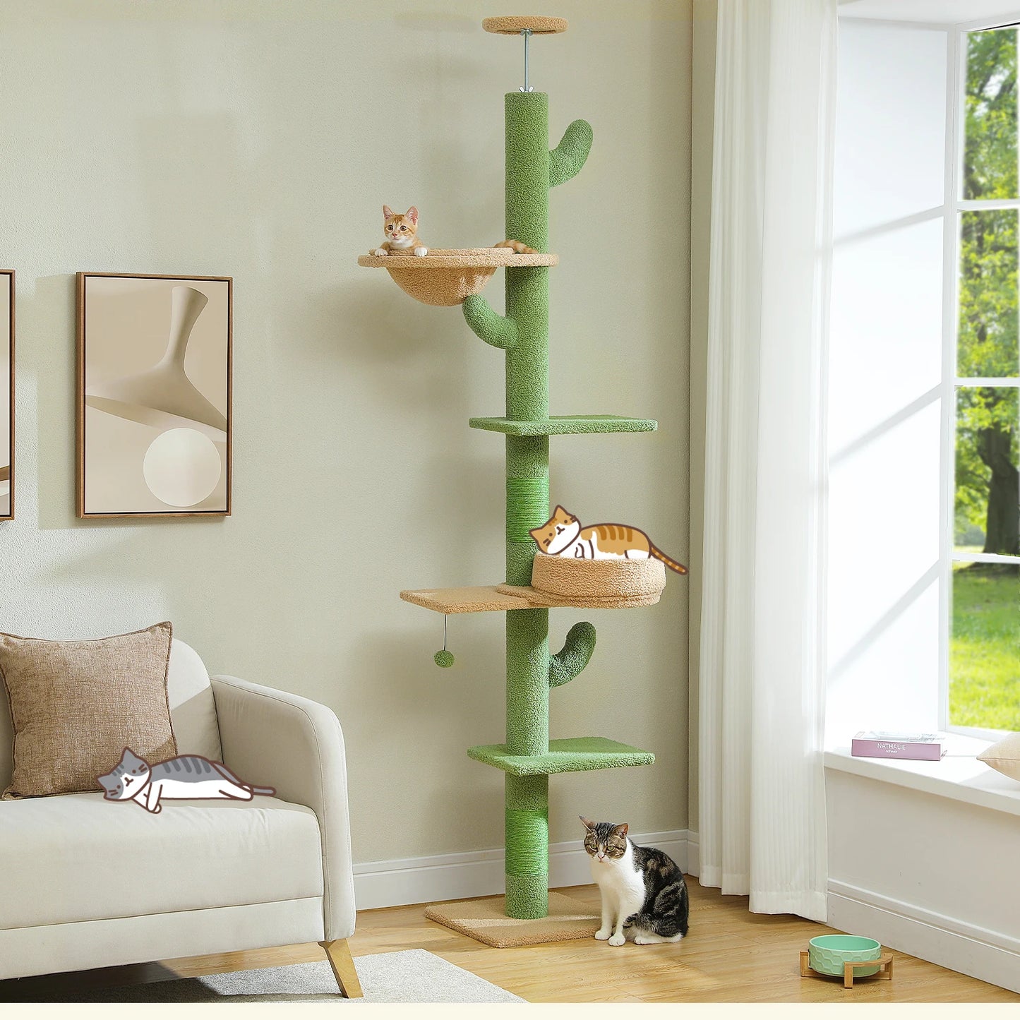 PEQULTI Adjustable Height Cactus Cat Tree For Indoor Cats With Hammock