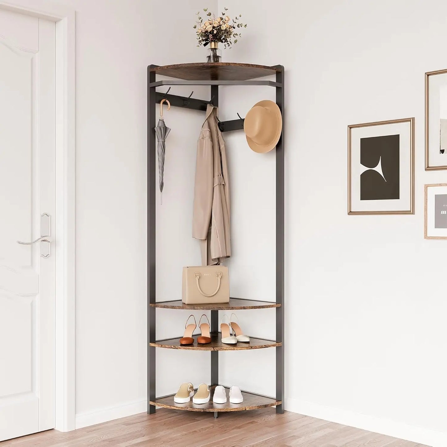 HiMISS Corner Coat Rack Featuring 6 Hooks And 3 Shelves