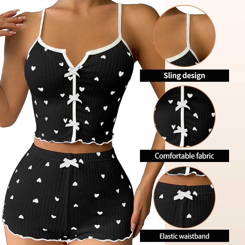 Women Summer Knit Ribbed Crop Top And Shorts Pajama Set