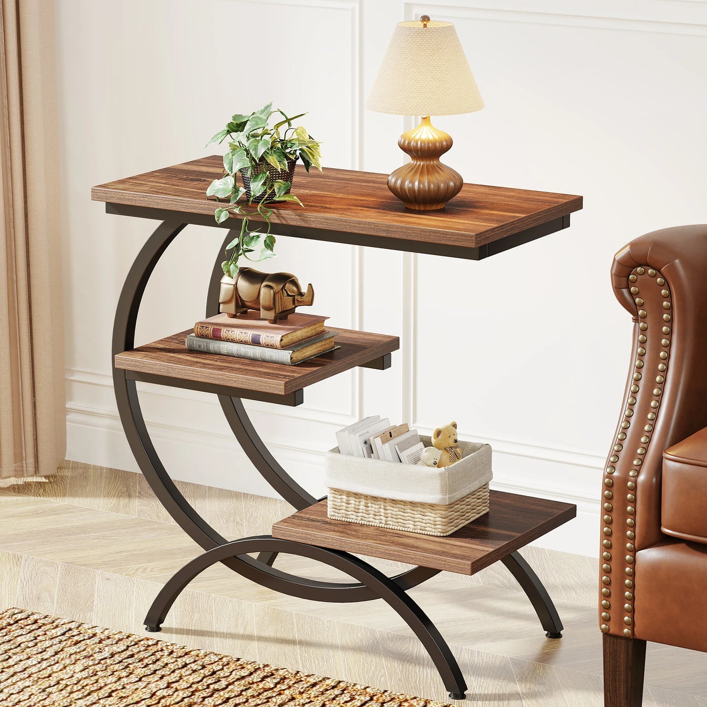 Tribesigns C Shaped End Table With Industrial Style Shelves