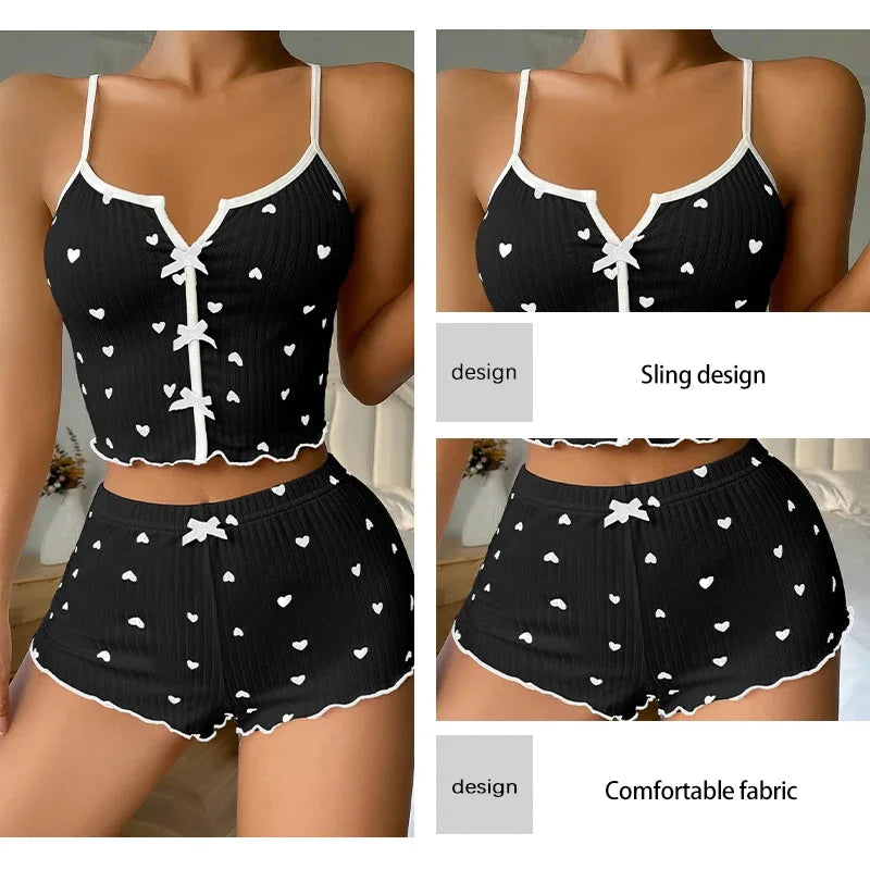Women Summer Knit Ribbed Crop Top And Shorts Pajama Set