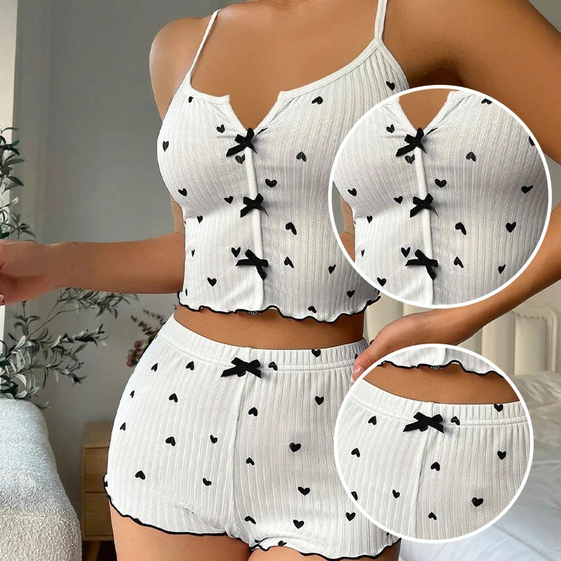Women Summer Knit Ribbed Crop Top And Shorts Pajama Set