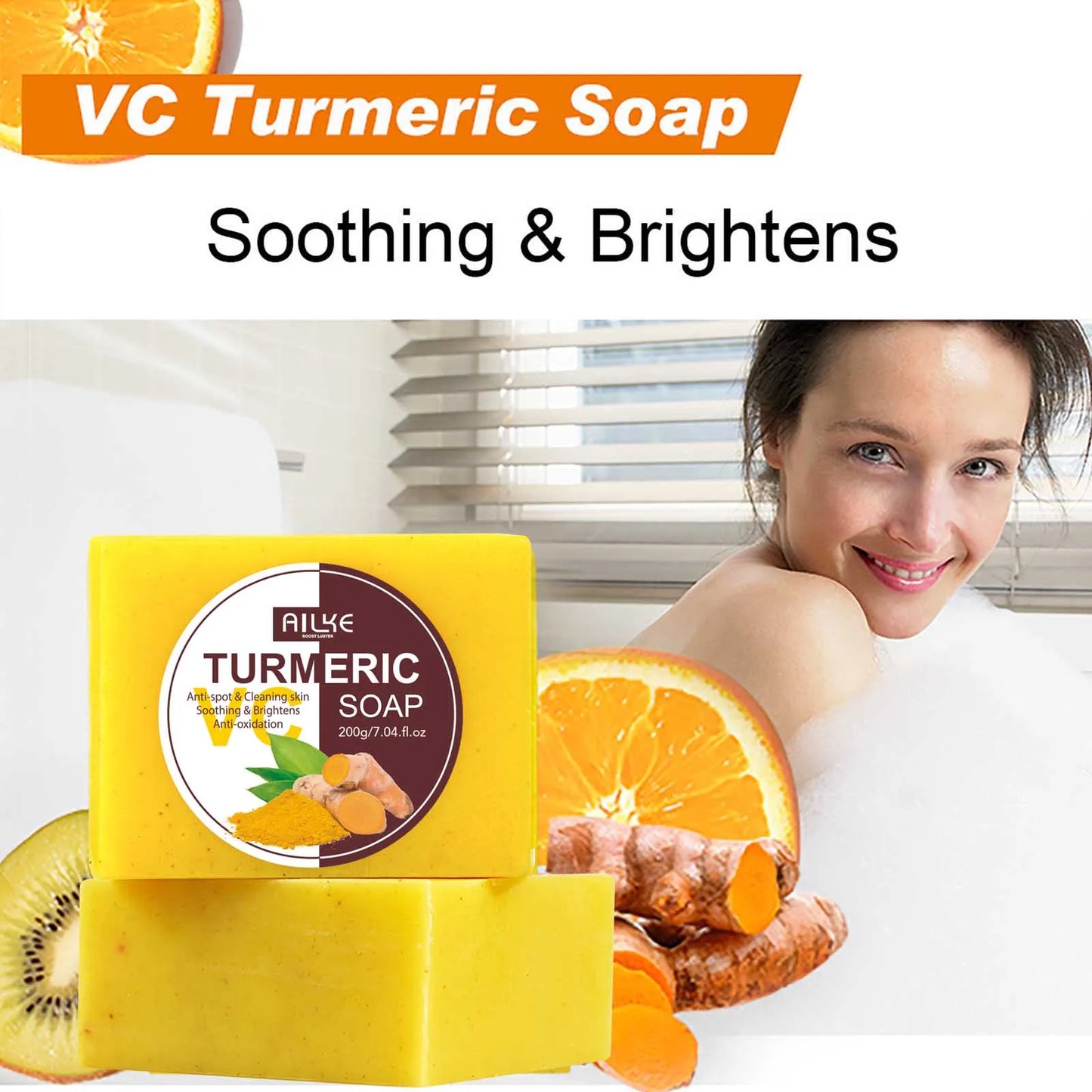 AILKE Natural Turmeric Soap Bar, Brighten, Remove Darkness, Acne, Pimples, Cleaning, Exfoliates, Uneven Skin Tone, 200g