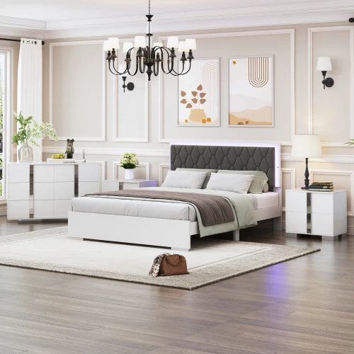 4-Piece Bedroom Set With LED Bed Mirrored Nightstands Dresser