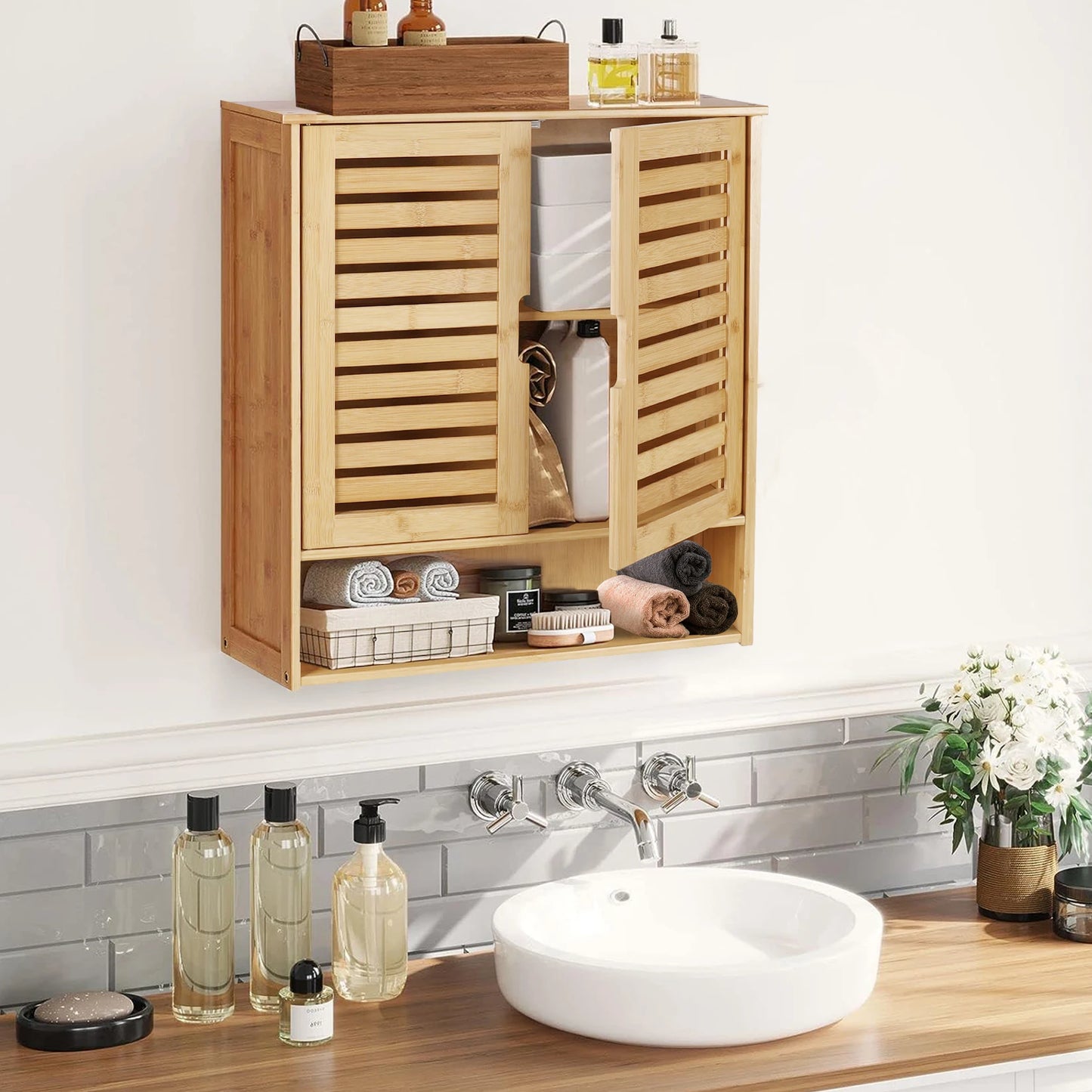 Wall Mounted Bamboo Bathroom Cabinet Storage Shelf Medicine Cupboard Organizer Rack for Bathrooms