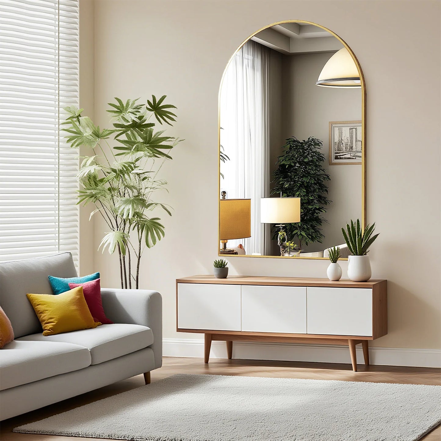 JHK Arched Metal Framed Bathroom Mirror For Wall Modern Decor