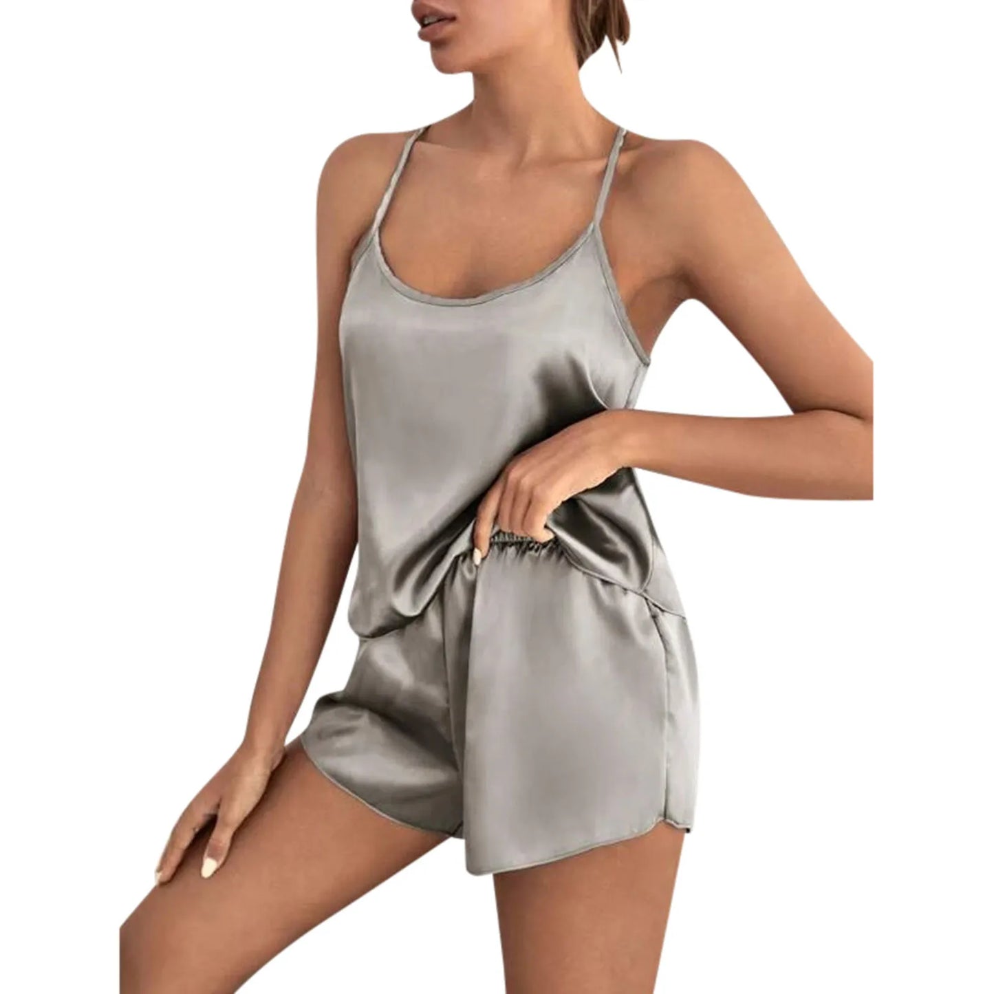 Women's Satin Lace Pajama Set Sleeveless Top and Shorts