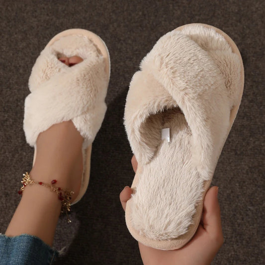 Lightweight Warm Furry Slippers For Women Non Slip Indoor Open Toe Shoes