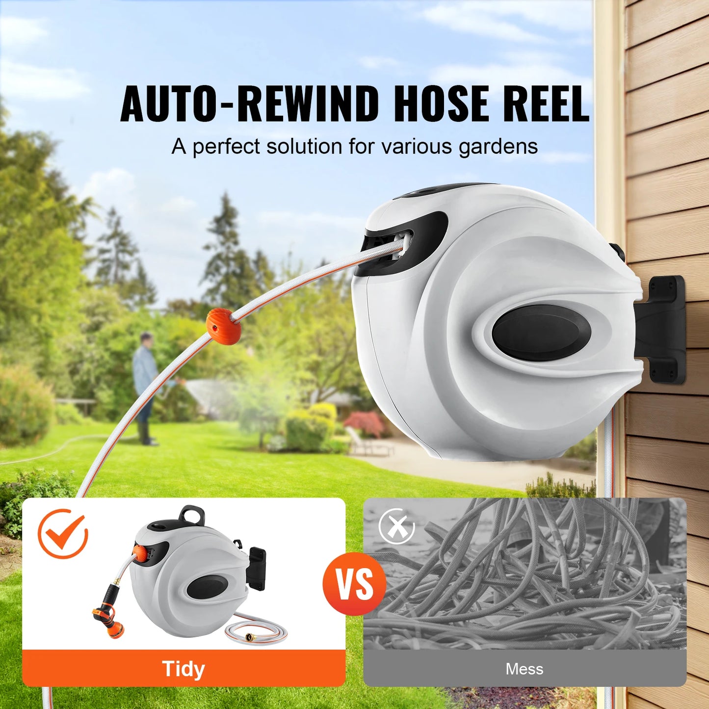 SucceBuy Retractable Hose Reel With 180 Degree Swivel Wall Mount
