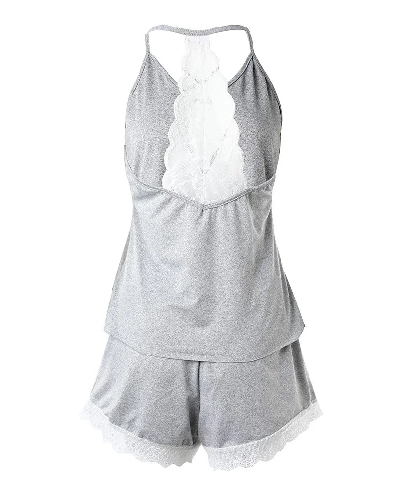 Crochet Lace Women's Two Piece Pajama Set Sleeveless V Neck