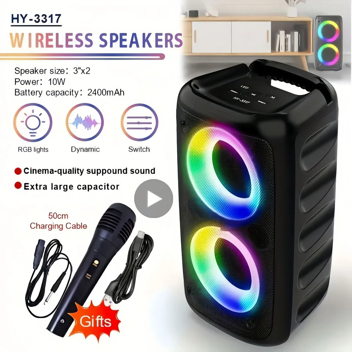 Ayebau Karaoke Radio Bluetooth Speaker Portable Wireless Microphone Led Lamp