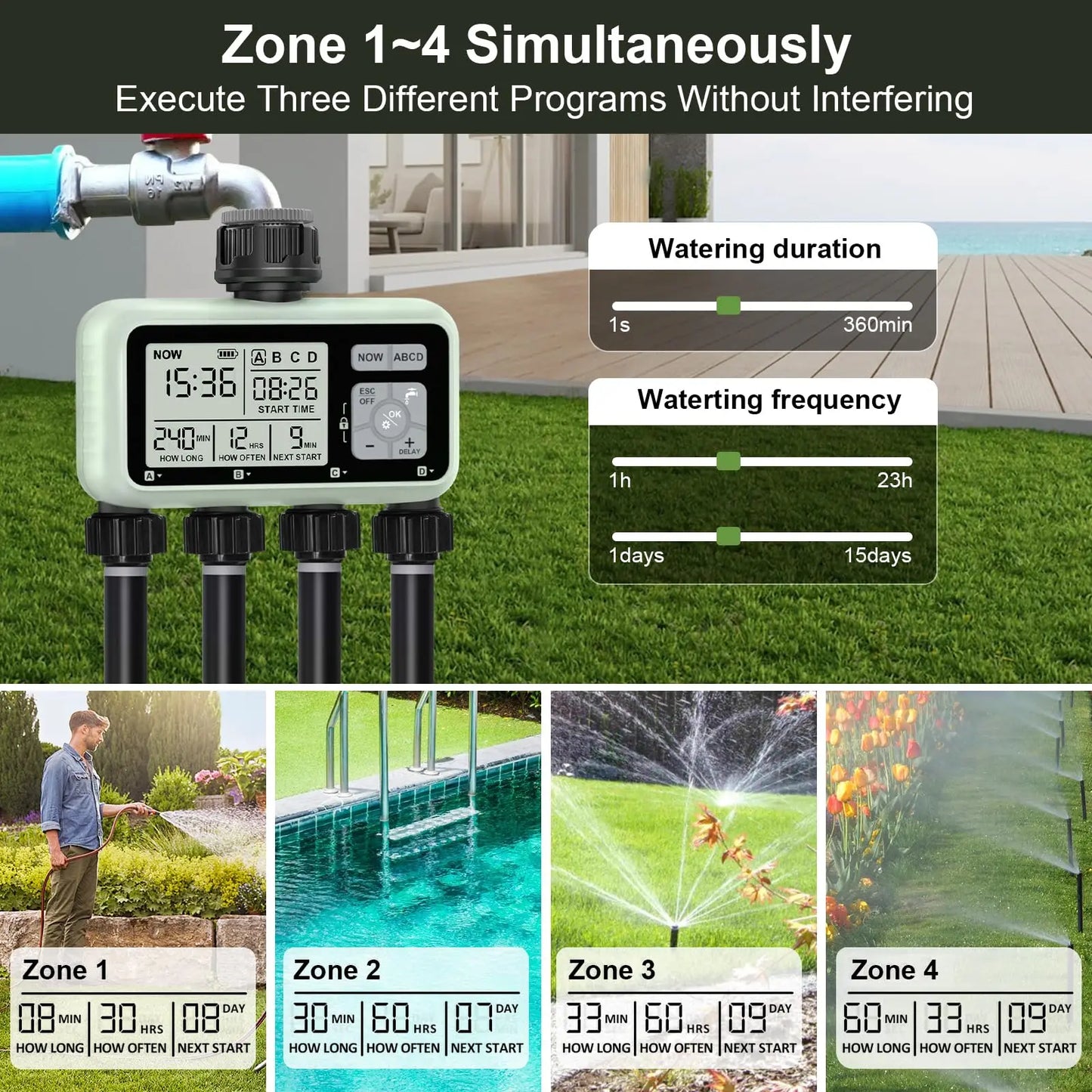 4 Zone Programmable Garden Watering Timer With Rain Delay