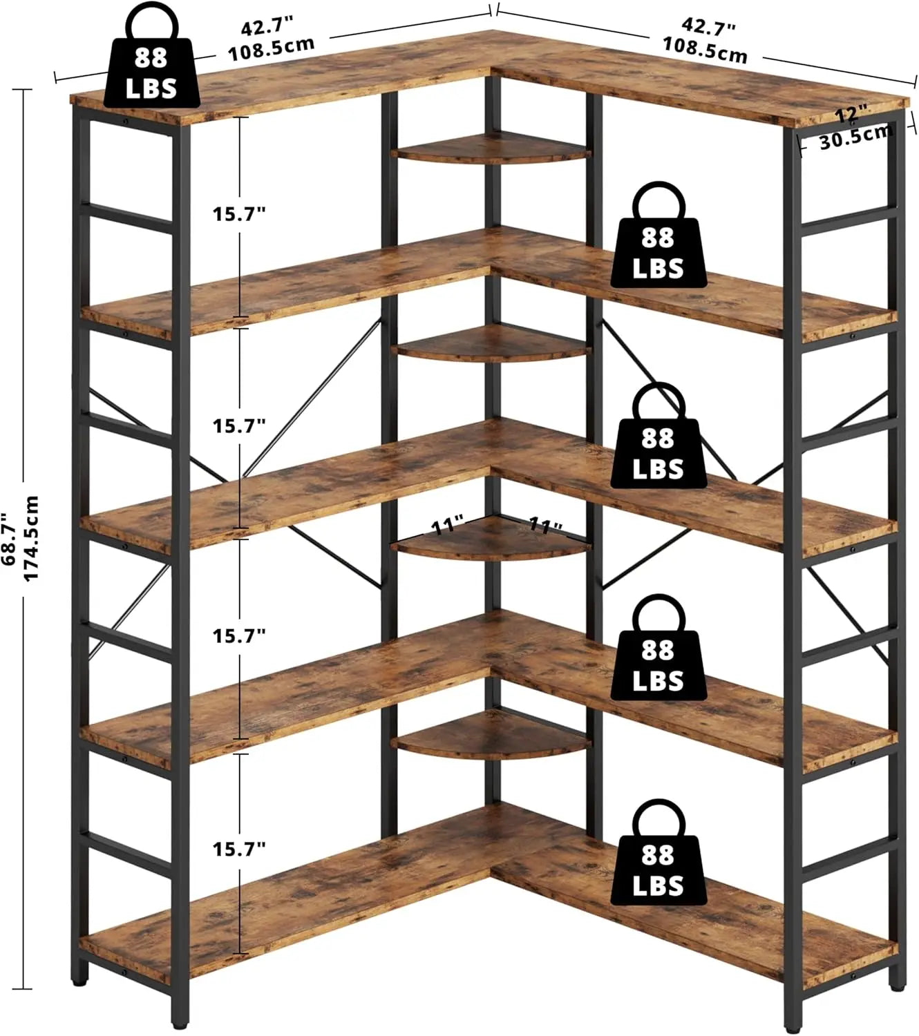 IRONCK Industrial 5-Tier Corner L-Shaped Bookcase With Curved Panels