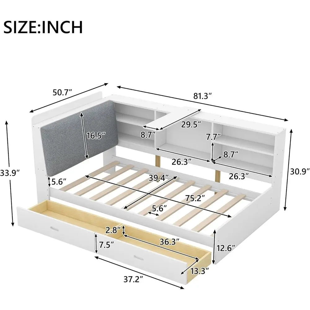 Daybed With Storage Drawers And Bookcase Wood Bed Frame