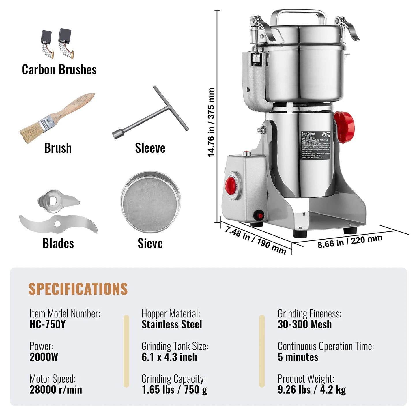 SucceBuy Electric Grain Mill Grinder 150-2500g For Dry Herbs Spices