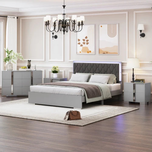 4-Piece Bedroom Set With LED Bed Mirrored Nightstands Dresser