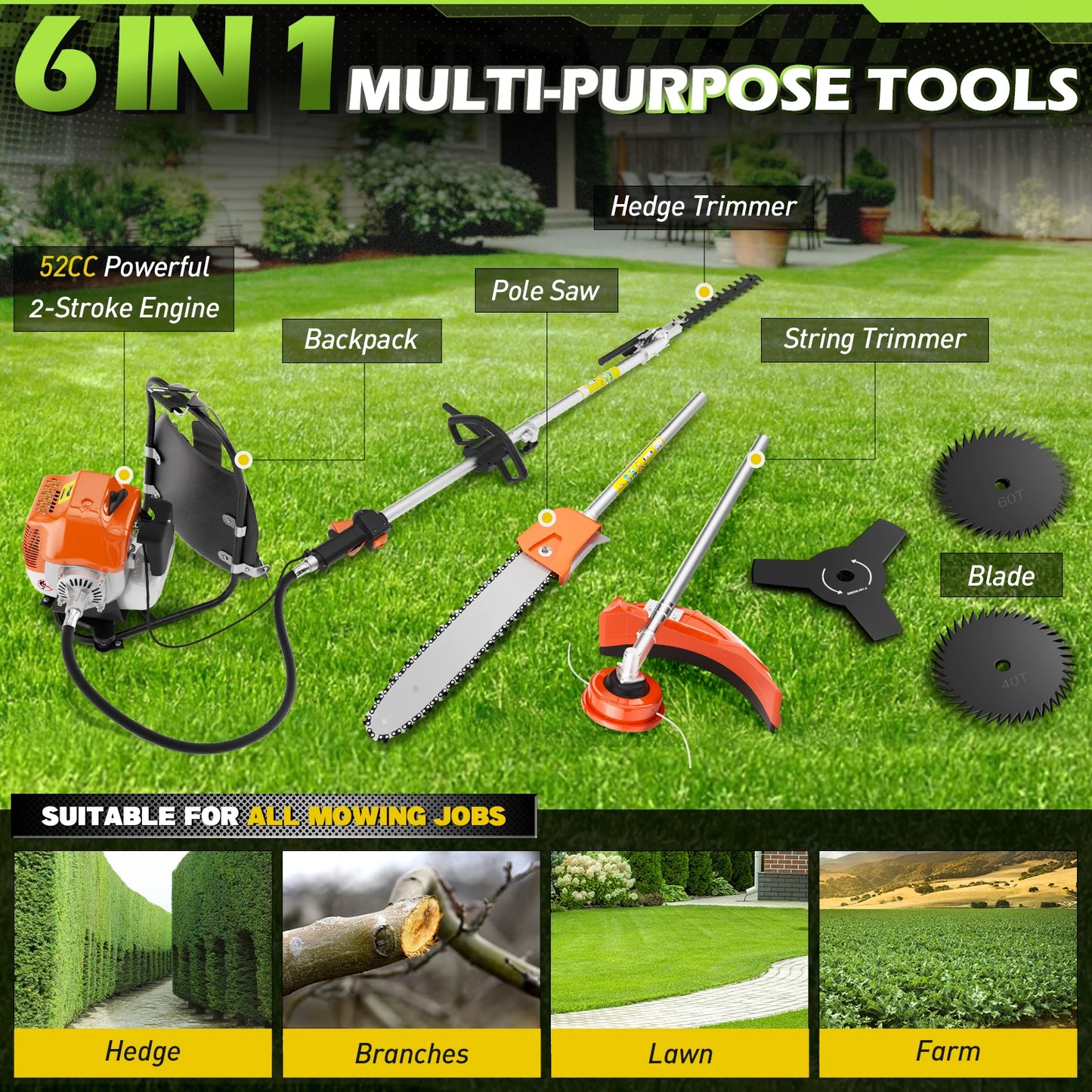 6 In 1 Gas Hedge Trimmer Pole Saw Weed Eater Cutter