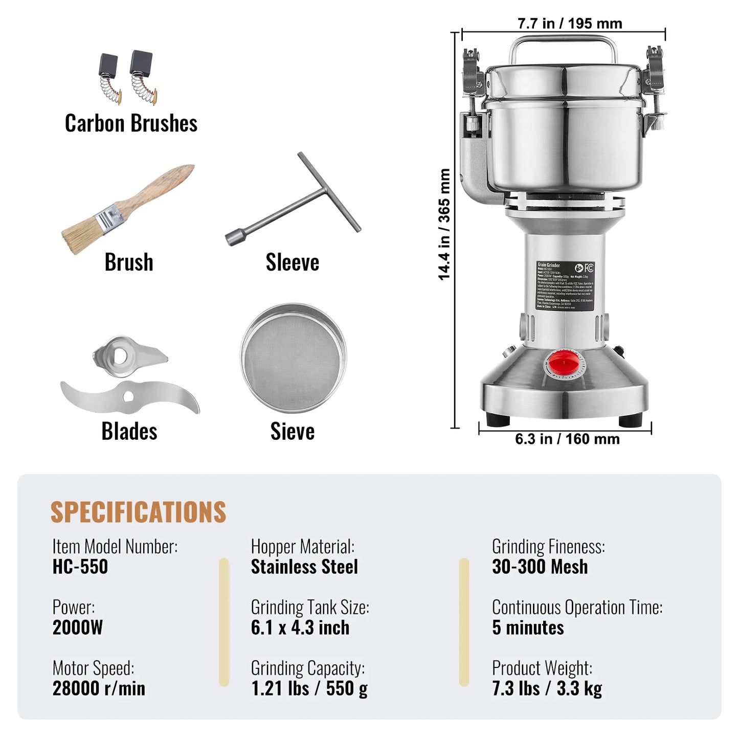 SucceBuy Electric Grain Mill Grinder 150-2500g For Dry Herbs Spices