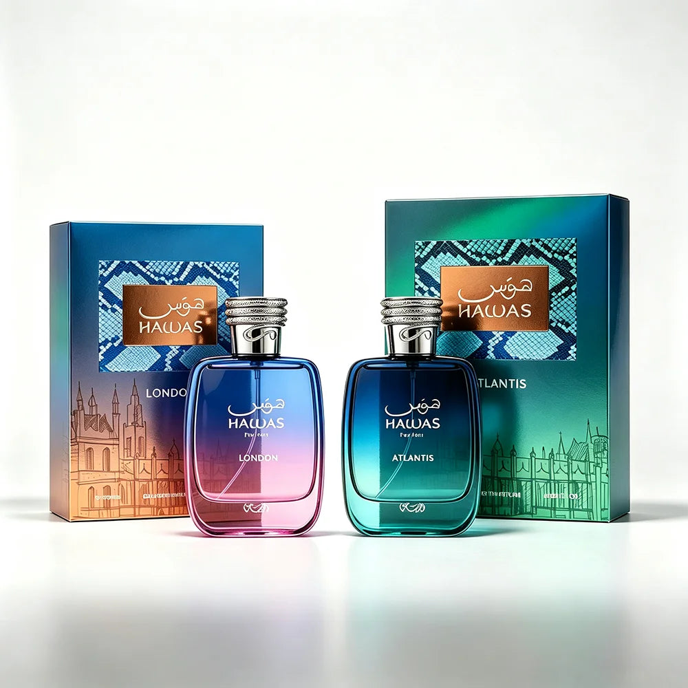 Hawas London & Atlantis For Men Eau De Parfum Combo Set, 100ml Fresh Aquatic Woody Men Cologne Kit, Long Lasting City Inspired Masculine Fragrance Luxury Gift Pack For Him