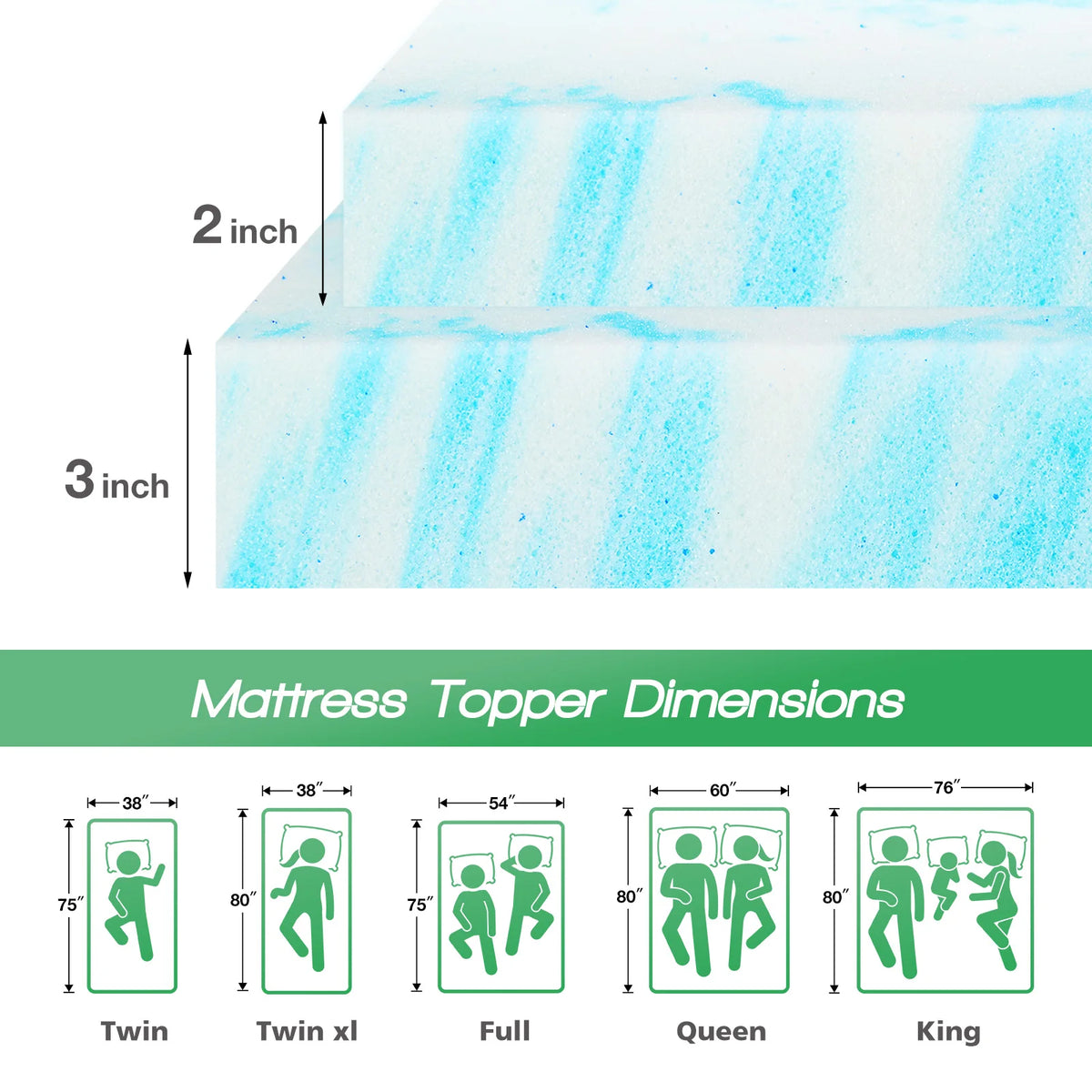 JHK Gel Cooling Memory Foam Mattress Topper Breathable