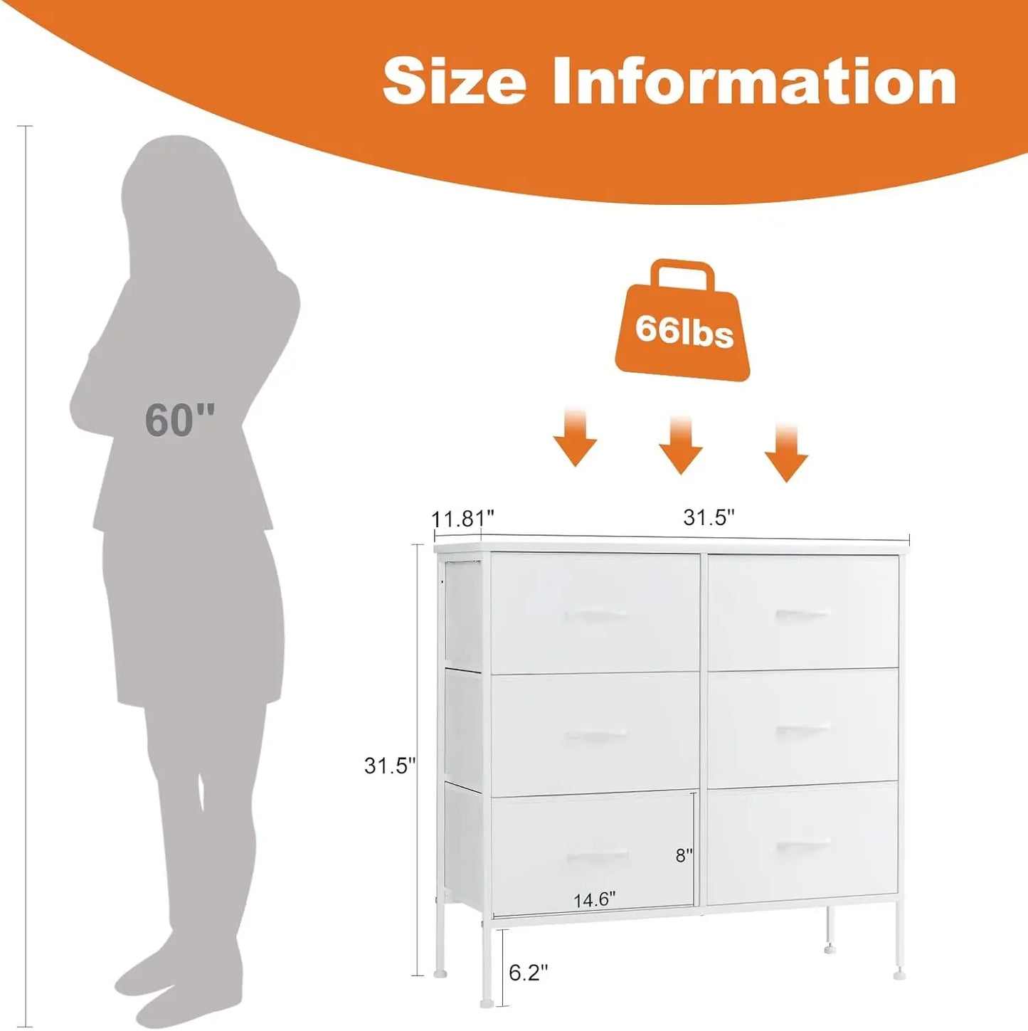 JHK Six Drawer Nightstand With Fabric Storage Chest Bedroom Furniture