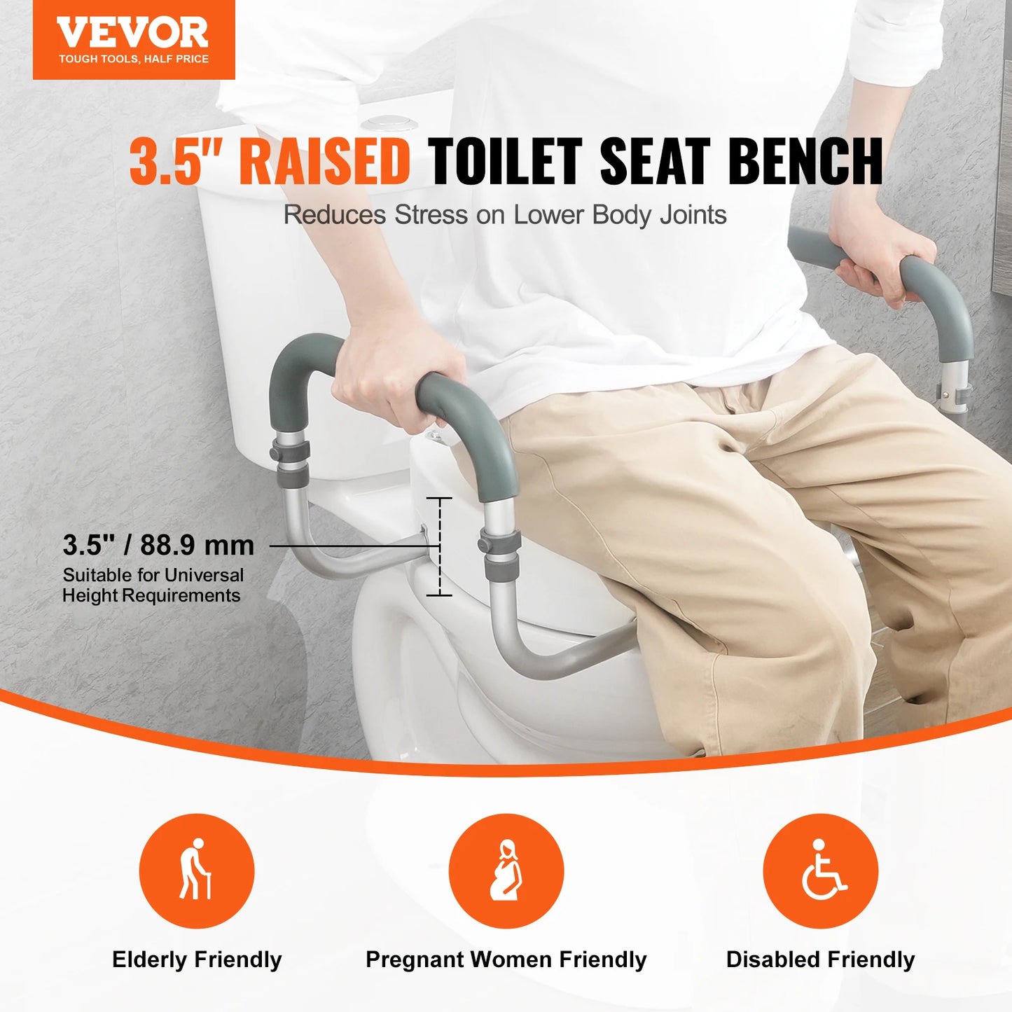 SucceBuy Raised Toilet Seat 3.5" Height Raised 300 lbs Weight Capacity for Standard Round Toilet Aluminum Handrail