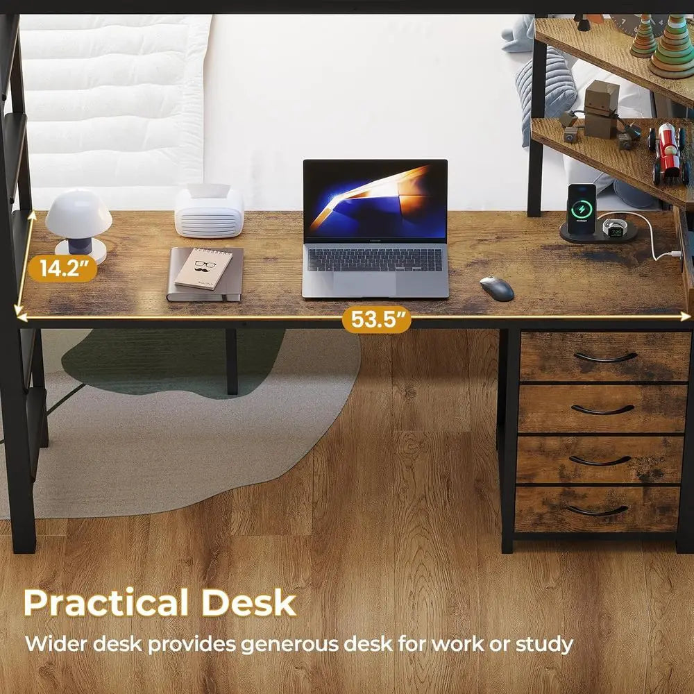 Bunk Bed With Desk, LED Lights, Storage And Charging