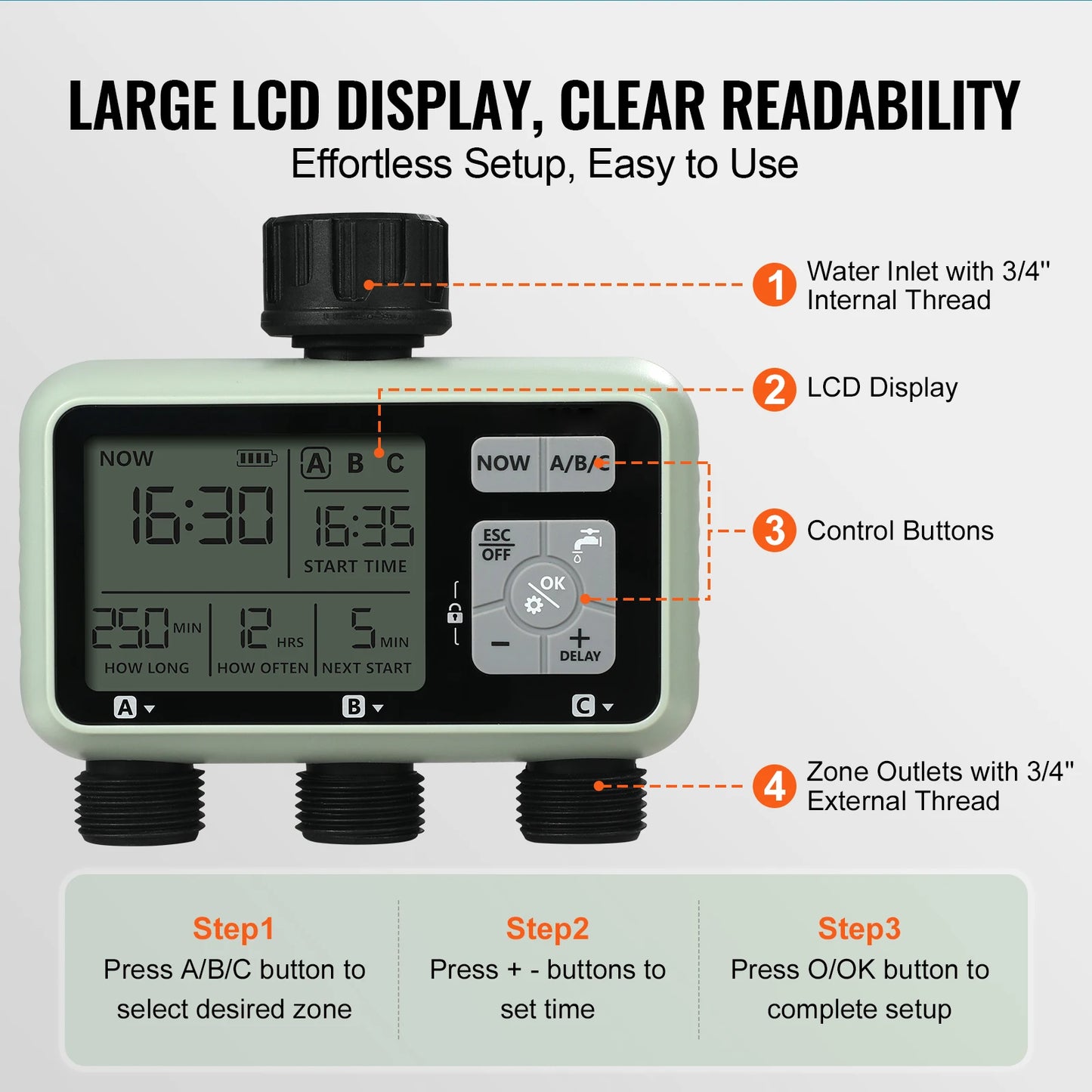SucceBuy Water Timer 3 Independent Watering Zones With LCD Display