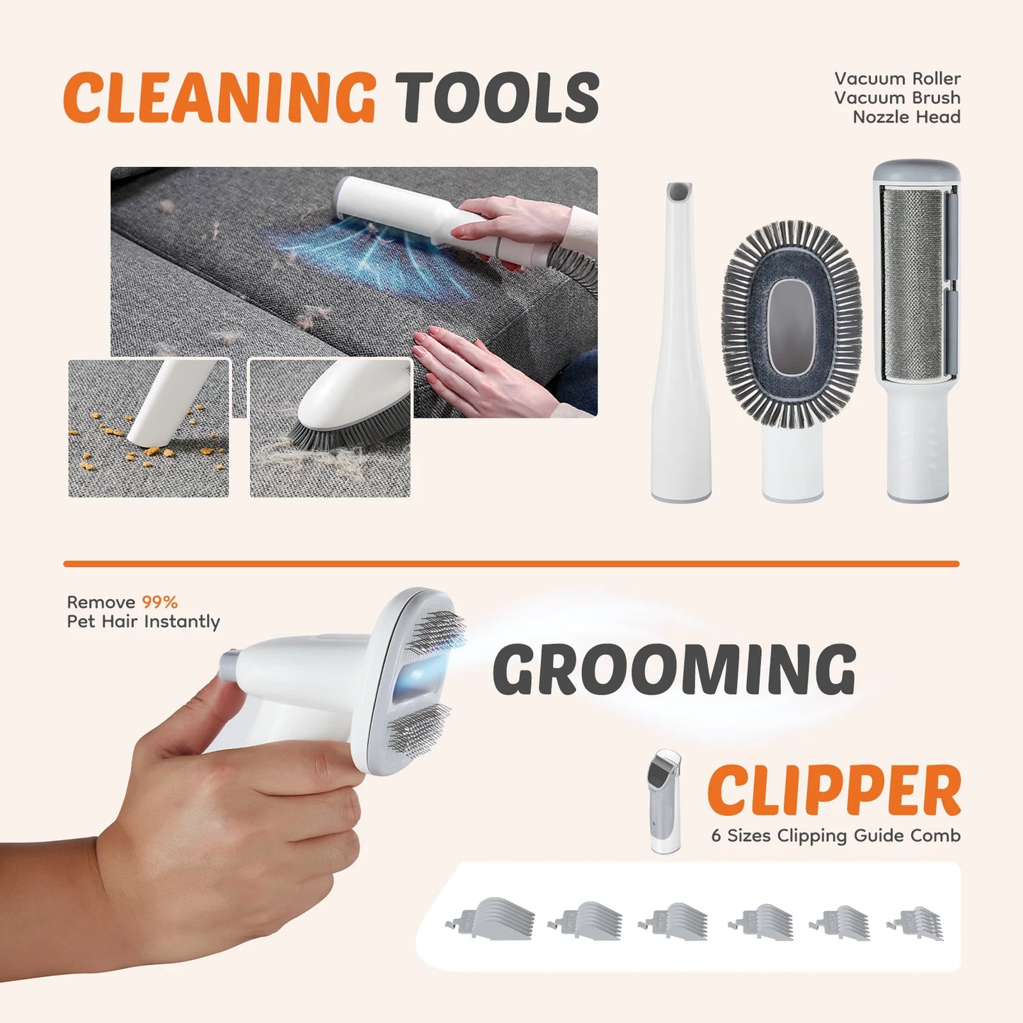 JHK 2.5L Professional Pet Grooming Vacuum Kit 3 Suction Modes and 5 Groomer Tools with Cordless Low Noise Dog Clippers for Cats