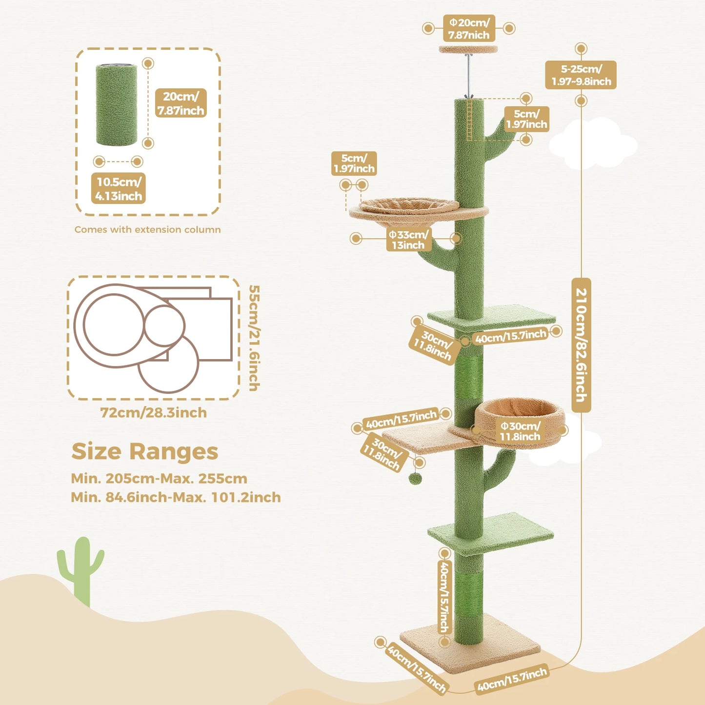 PEQULTI Adjustable Height Cactus Cat Tree For Indoor Cats With Hammock