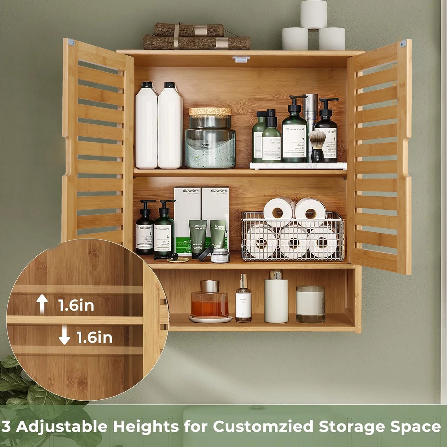 Wall Mounted Bamboo Bathroom Cabinet Storage Shelf Medicine Cupboard Organizer Rack for Bathrooms