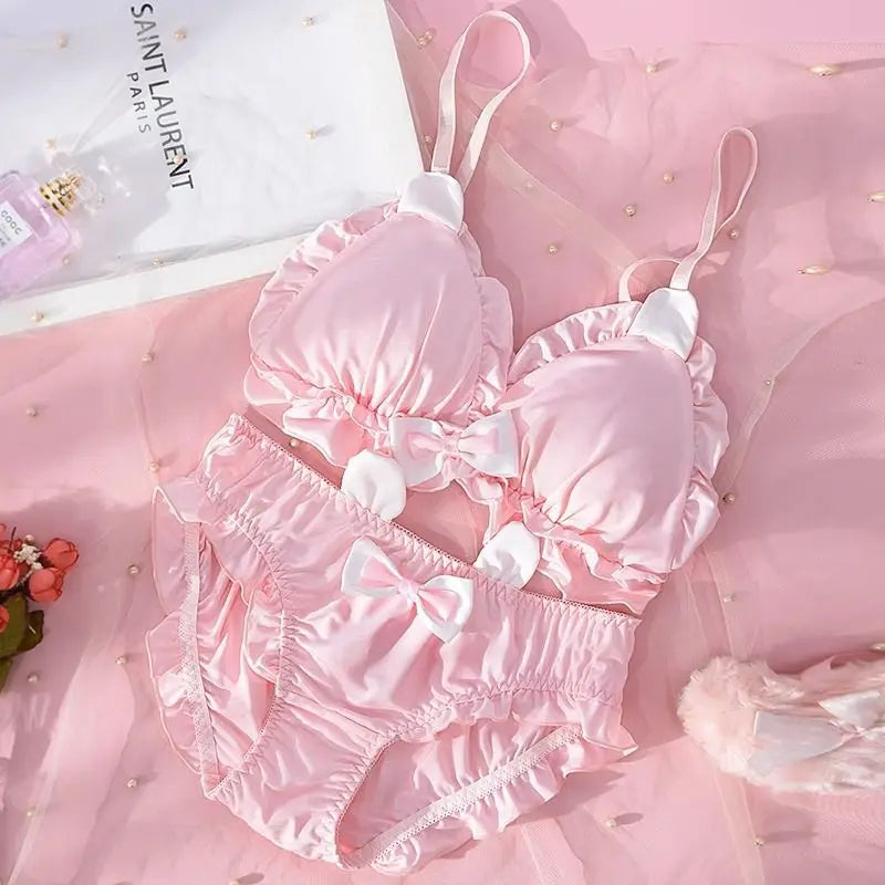 Women Plunge Bra And Brief Set With Bow Soft Polyester