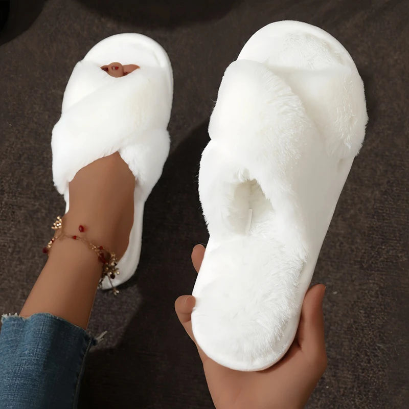 Lightweight Warm Furry Slippers For Women Non Slip Indoor Open Toe Shoes