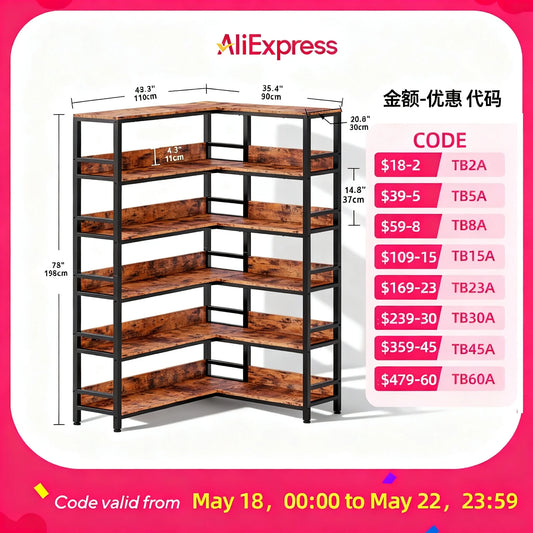 IRONCK Industrial 6 Tier Corner Bookcase With Metal Frame Living Room