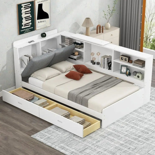 Daybed With Storage Drawers And Bookcase Wood Bed Frame