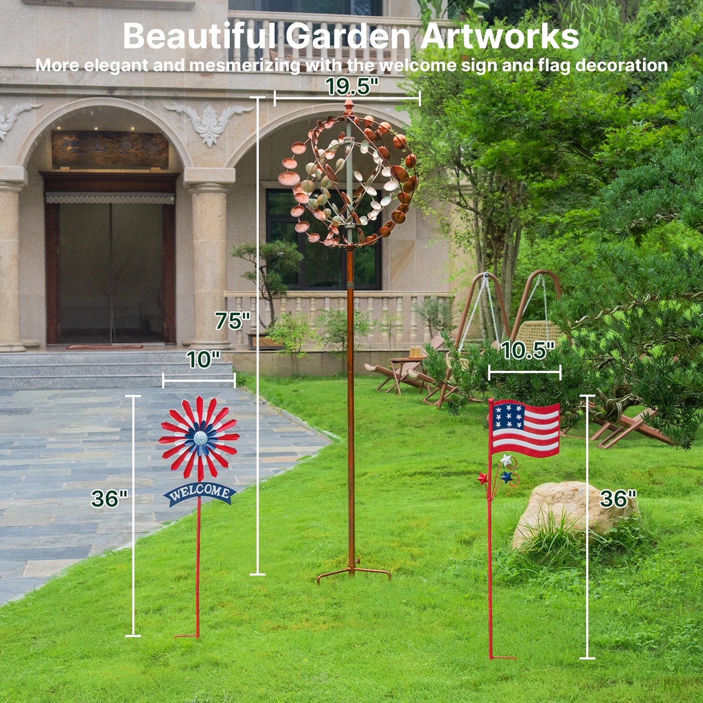Metal Wind Spinner Garden Sculpture With Welcome Flag 360 Spin